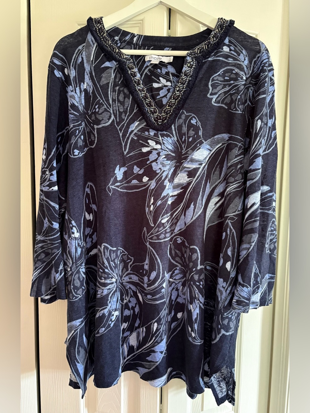 Chico's Navy Blue Floral V-Neck Embellished Beaded Tunic
